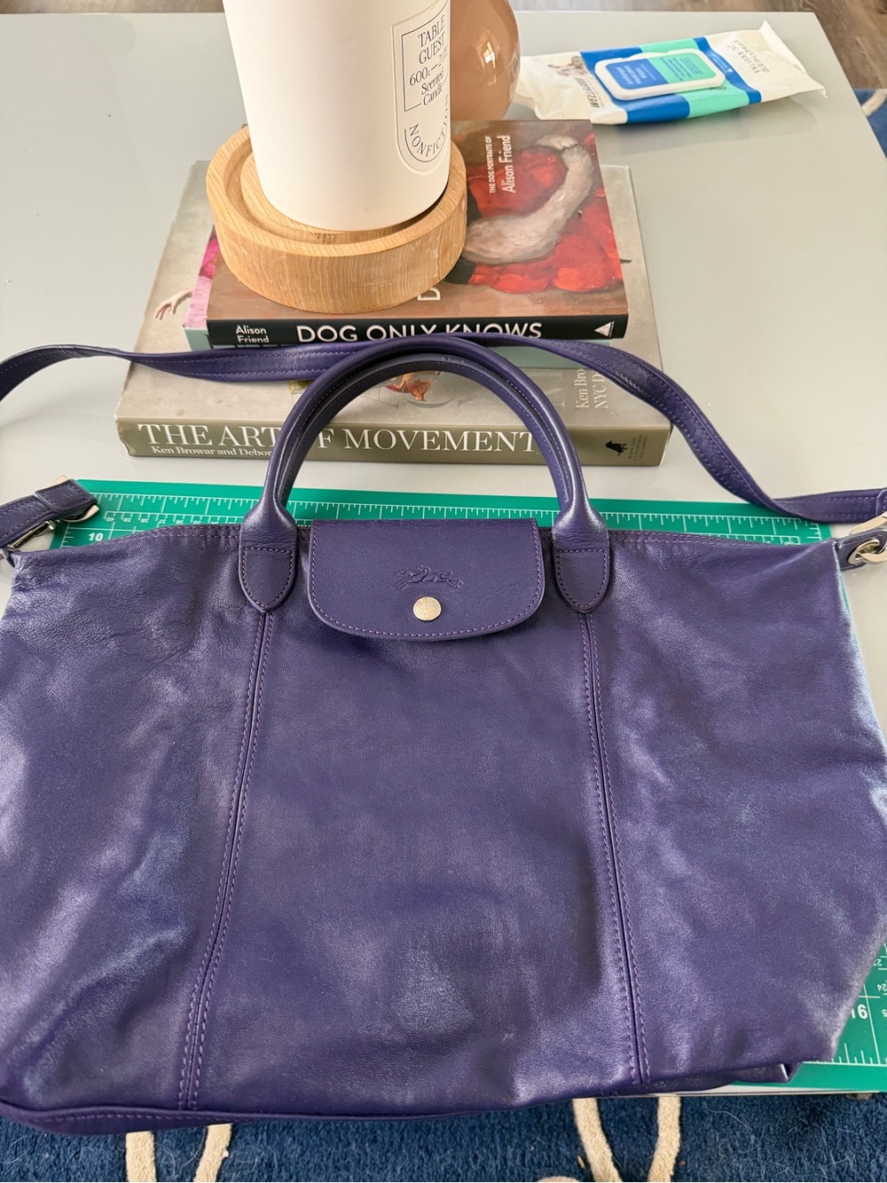 Longchamp Purple Leather Tote with Top Handles and Strap